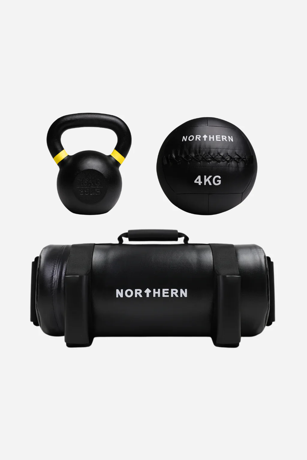Hybrid Training Package - 2×16kg Cast Iron Kettlebells, 4kg Wall Ball & 10kg Powerbag